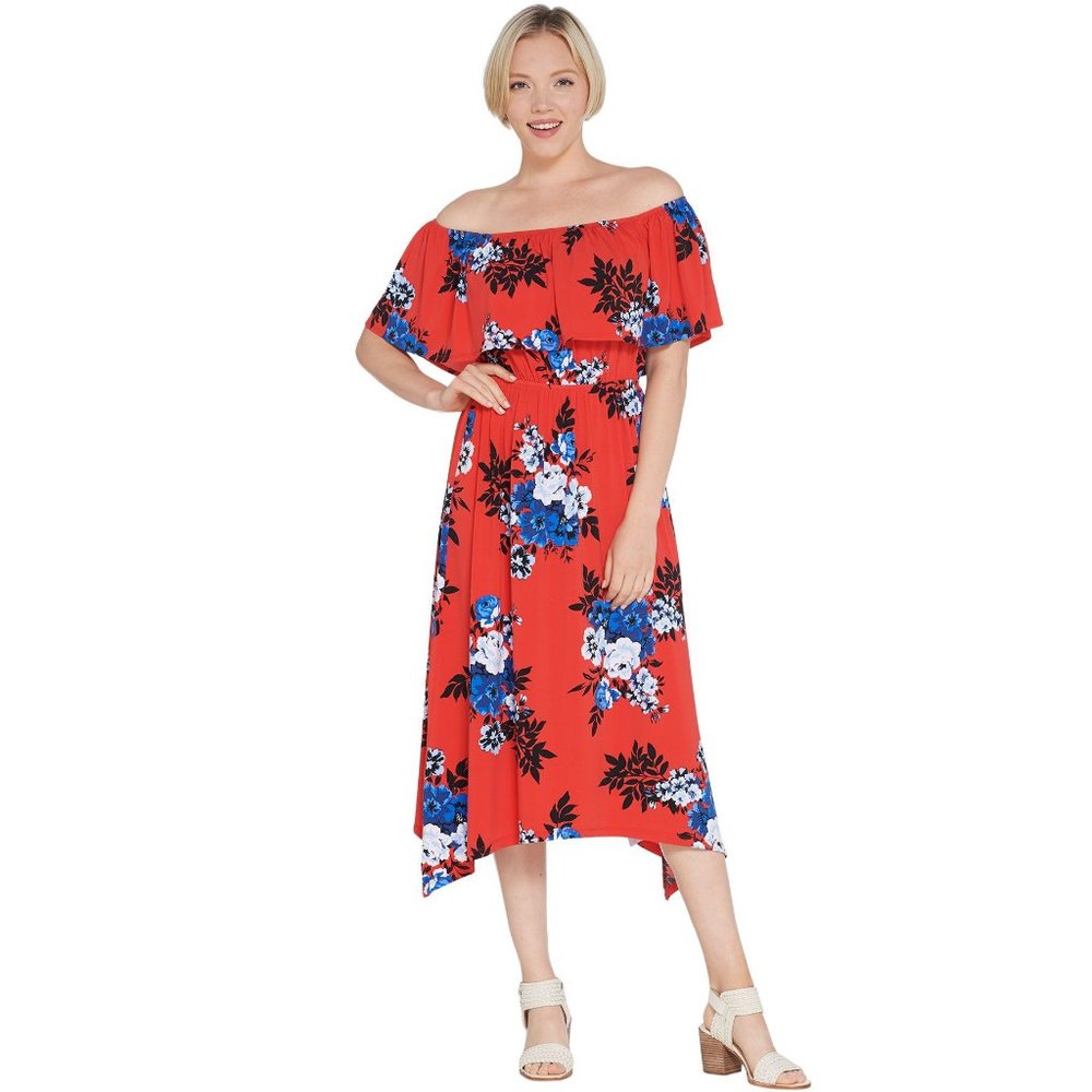 Du Jour Off-the- Shoulder Floral Printed Knit Dress Plus Size 2X